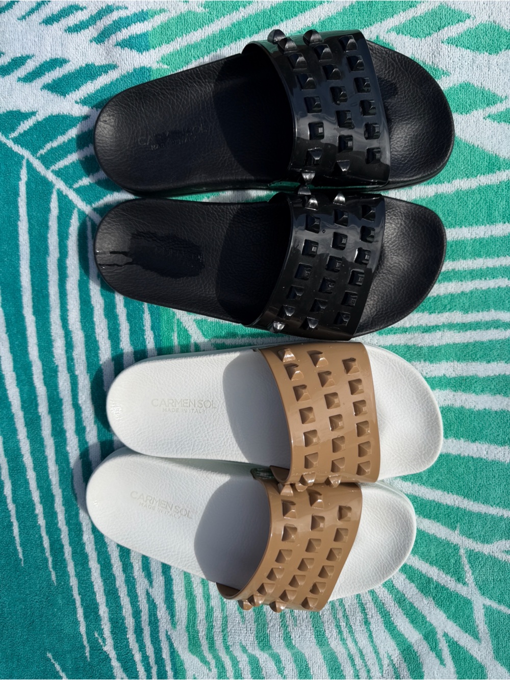 Studded Slide Sandals - Two-Tone Pair in Tan & Black